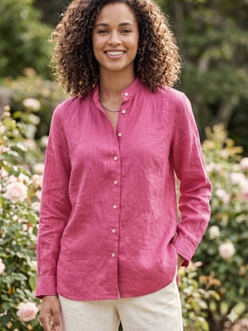 Vintage Y2K Talbots 100% Linen Fuchsia Pink Band Collar Blouse - Size 6